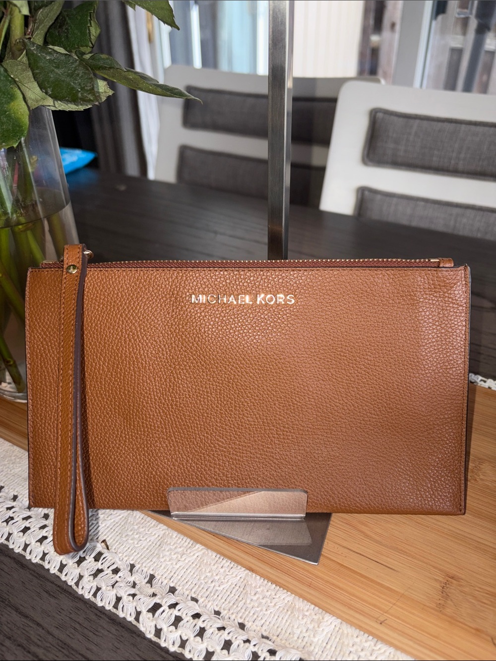 Michael Kors Tan Pebbled Leather Wristlet Clutch